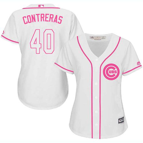 Cubs #40 Willson Contreras White/Pink Fashion Women's Stitched MLB Jersey