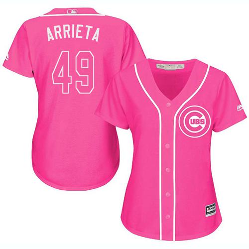 Cubs #49 Jake Arrieta Pink Fashion Women's Stitched MLB Jersey