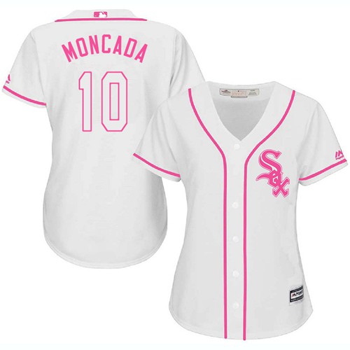 White Sox #10 Yoan Moncada White/Pink Fashion Women's Stitched MLB Jersey