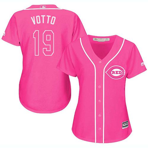 Reds #19 Joey Votto Pink Fashion Women's Stitched MLB Jersey
