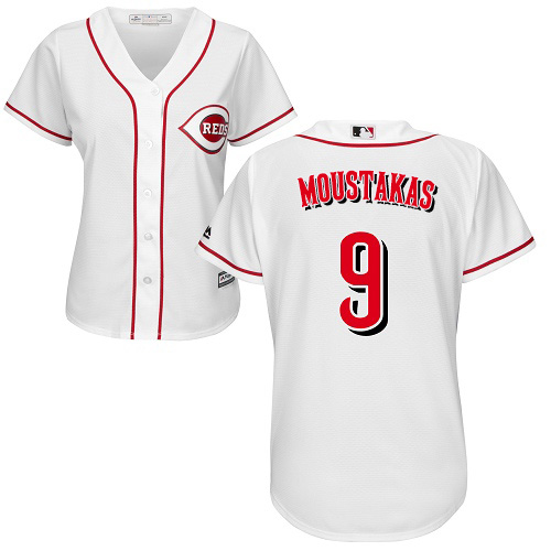 Reds #9 Mike Moustakas White Home Women's Stitched MLB Jersey