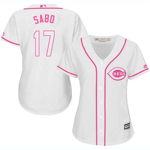 Reds #17 Chris Sabo White/Pink Fashion Women's Stitched MLB Jersey