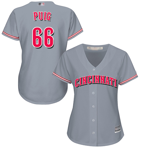 Reds #66 Yasiel Puig Grey Road Women's Stitched MLB Jersey