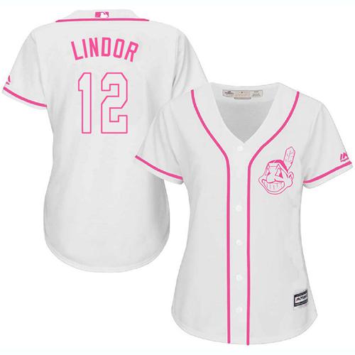 Indians #12 Francisco Lindor White/Pink Fashion Women's Stitched MLB Jersey