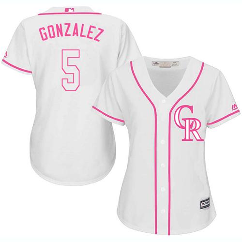 Rockies #5 Carlos Gonzalez White/Pink Fashion Women's Stitched MLB Jersey