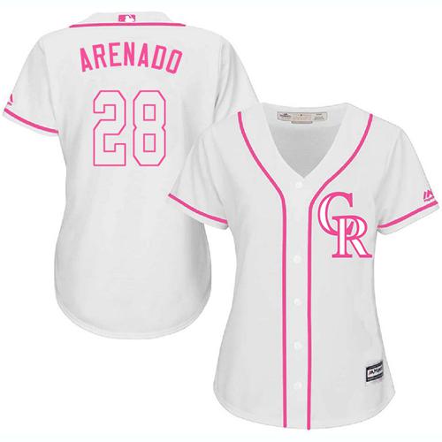 Rockies #28 Nolan Arenado White/Pink Fashion Women's Stitched MLB Jersey