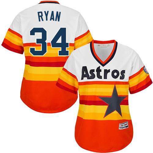 Astros #34 Nolan Ryan White/Orange Alternate Cooperstown Women's Stitched MLB Jersey