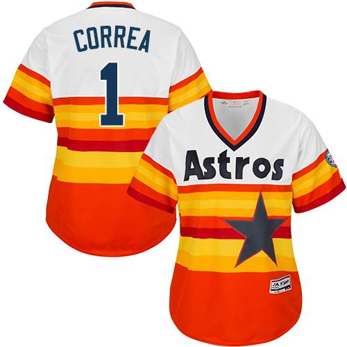 Astros #1 Carlos Correa White/Orange Alternate Cooperstown Women's Stitched MLB Jersey