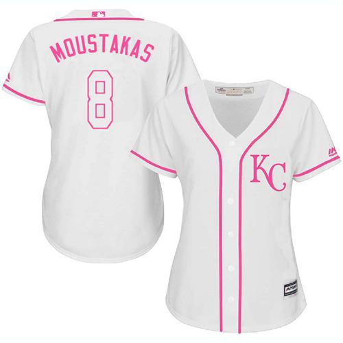 Royals #8 Mike Moustakas White/Pink Fashion Women's Stitched MLB Jersey