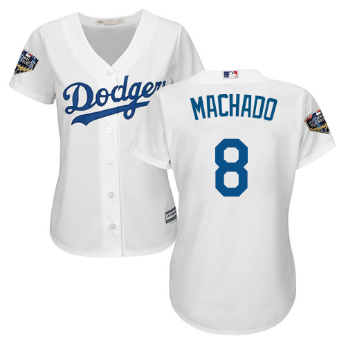 Dodgers #8 Manny Machado White Home 2018 World Series Women's Stitched MLB Jersey