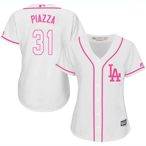 Dodgers #31 Mike Piazza White/Pink Fashion Women's Stitched MLB Jersey