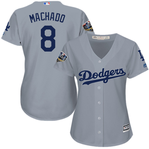 Dodgers #8 Manny Machado Grey Alternate Road 2018 World Series Women's Stitched MLB Jersey
