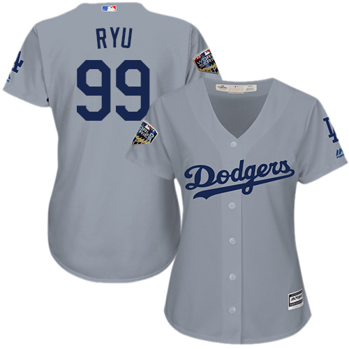 Dodgers #99 Hyun-Jin Ryu Grey Alternate Road 2018 World Series Women's Stitched MLB Jersey