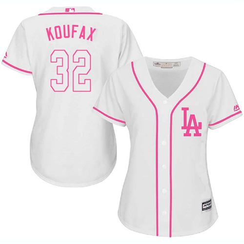 Dodgers #32 Sandy Koufax White/Pink Fashion Women's Stitched MLB Jersey