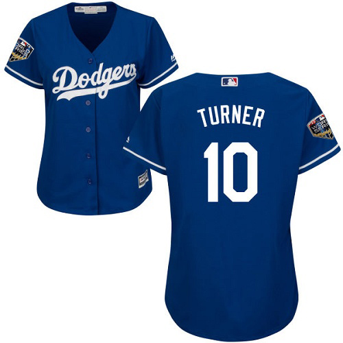 Dodgers #10 Justin Turner Blue Alternate 2018 World Series Women's Stitched MLB Jersey