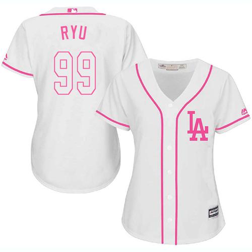 Dodgers #99 Hyun-Jin Ryu White/Pink Fashion Women's Stitched MLB Jersey