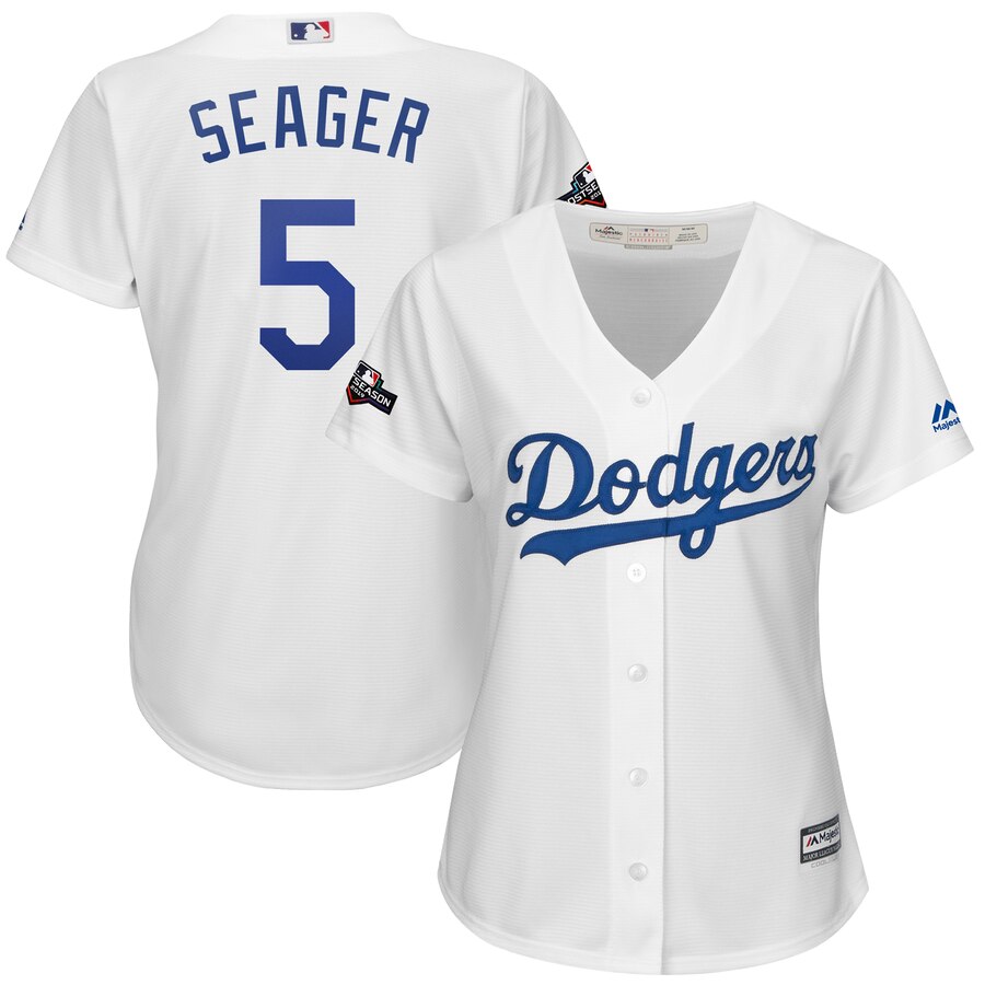 Los Angeles Dodgers #5 Corey Seager Majestic Women's 2019 Postseason Home Official Cool Base Player Jersey White