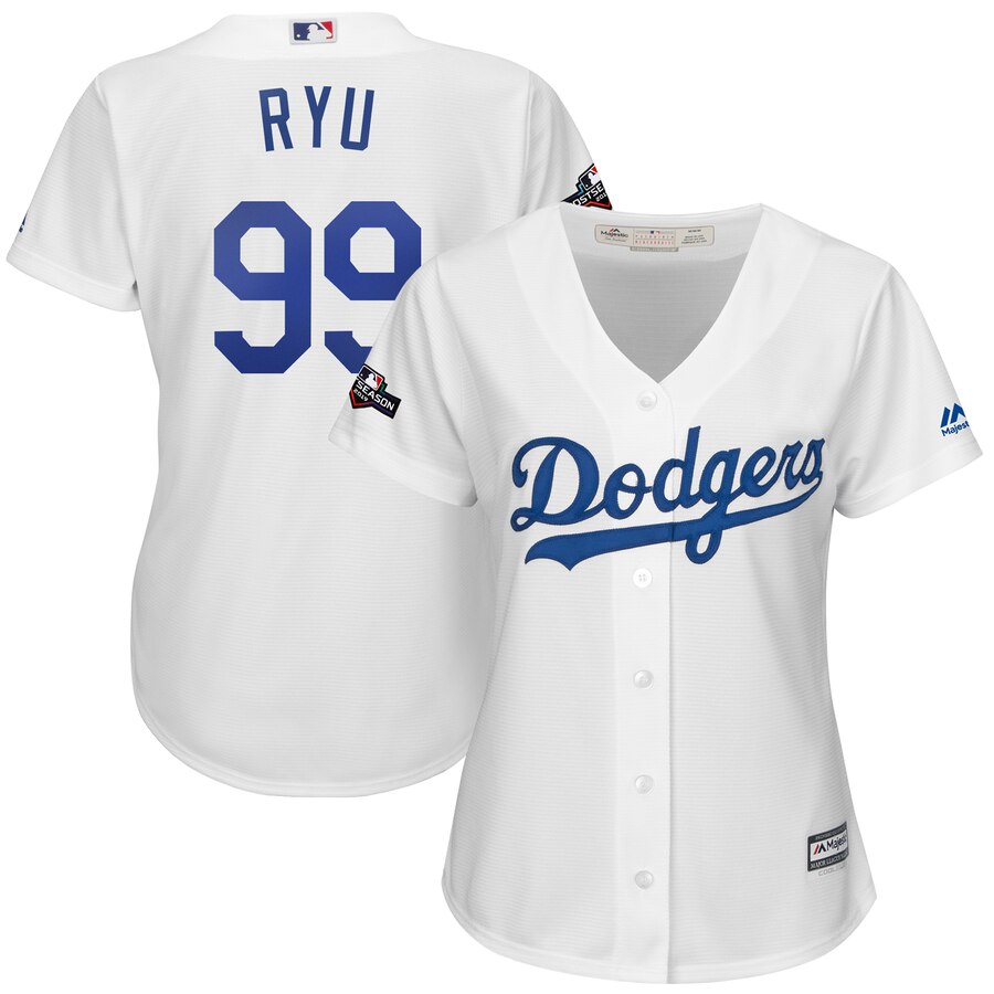 Los Angeles Dodgers #99 Hyun-Jin Ryu Majestic Women's 2019 Postseason Home Official Cool Base Player Jersey White