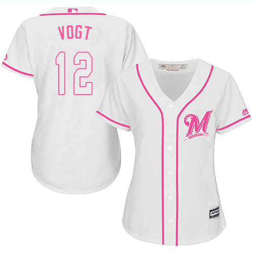 Brewers #12 Stephen Vogt White/Pink Fashion Women's Stitched MLB Jersey