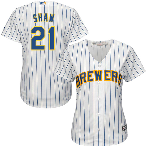 Brewers #21 Travis Shaw White Strip Home Women's Stitched MLB Jersey