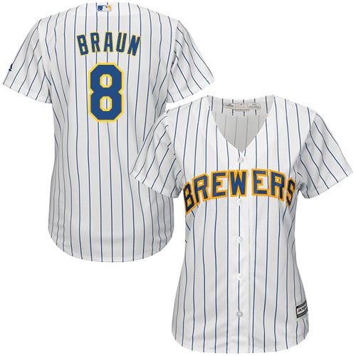 Brewers #8 Ryan Braun White With Blue Strip Lady Fashion Stitched MLB Jersey