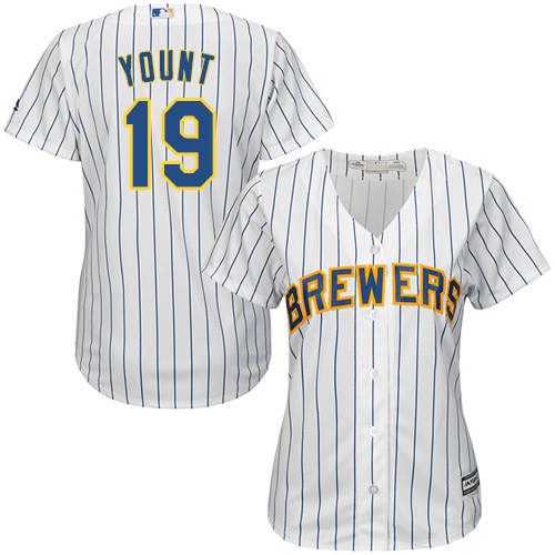 Brewers #19 Robin Yount White Strip Home Women's Stitched MLB Jersey