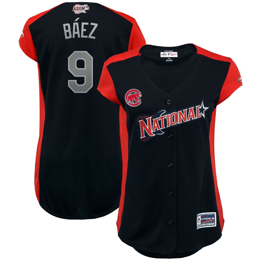 National League #9 Javier Baez Majestic Women's 2019 MLB All-Star Game Workout Player Jersey Navy