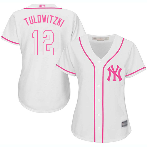 Yankees #12 Troy Tulowitzki White/Pink Fashion Women's Stitched MLB Jersey