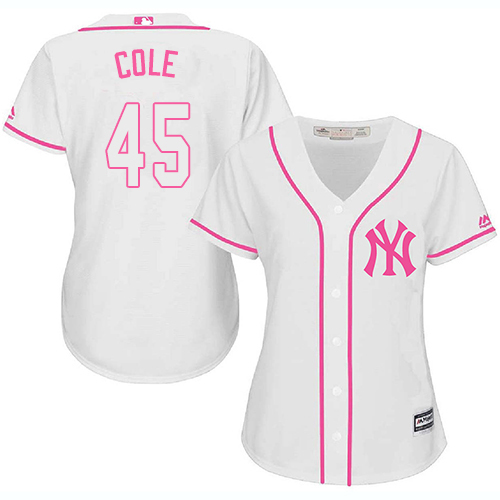 Yankees #45 Gerrit Cole White/Pink Fashion Women's Stitched MLB Jersey