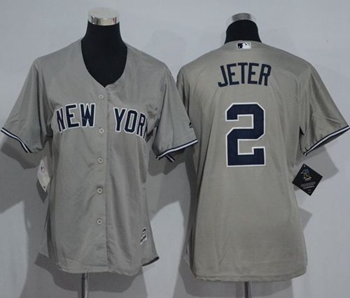 Yankees #2 Derek Jeter Grey Women's Road Stitched MLB Jersey