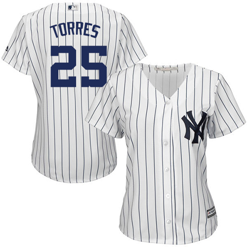 Yankees #25 Gleyber Torres White Strip Home Women's Stitched MLB Jersey