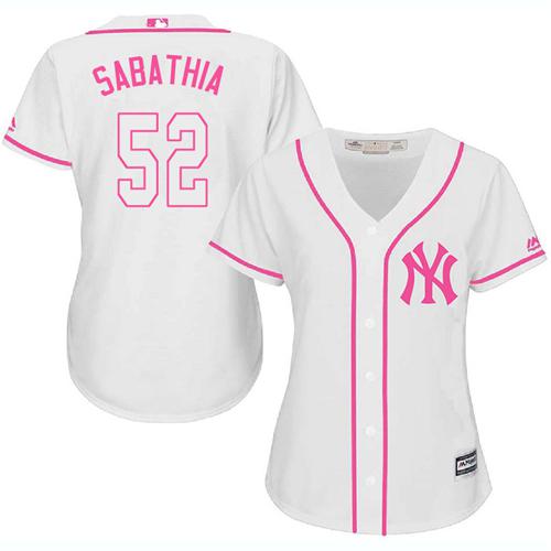 Yankees #52 C.C. Sabathia White/Pink Fashion Women's Stitched MLB Jersey