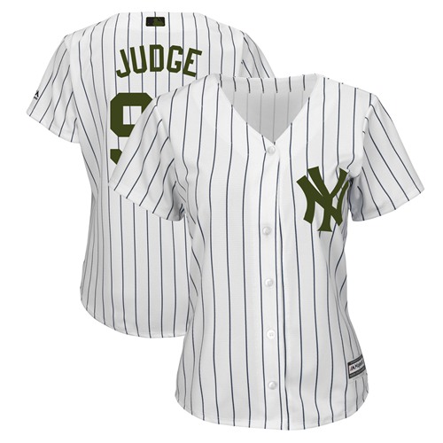 Yankees #99 Aaron Judge White Strip 2018 Memorial Day Cool Base Women's Stitched MLB Jersey