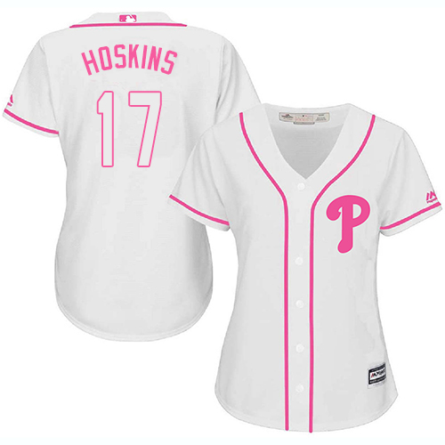 Phillies #17 Rhys Hoskins White/Pink Fashion Women's Stitched MLB Jersey