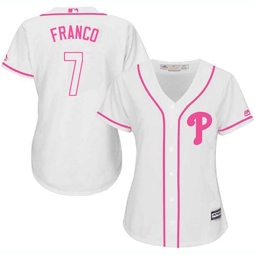 Phillies #7 Maikel Franco White/Pink Fashion Women's Stitched MLB Jersey