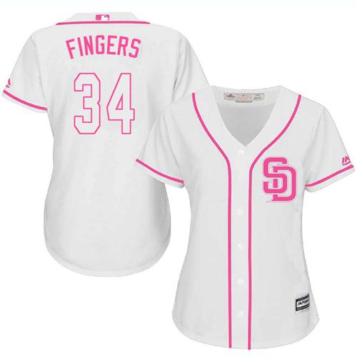 Padres #34 Rollie Fingers White/Pink Fashion Women's Stitched MLB Jersey