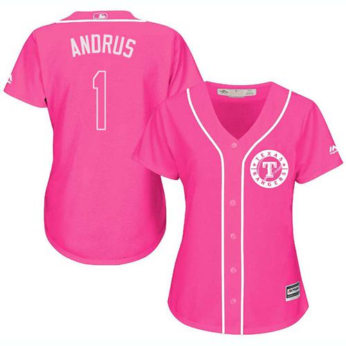 Rangers #1 Elvis Andrus Pink Fashion Women's Stitched MLB Jersey