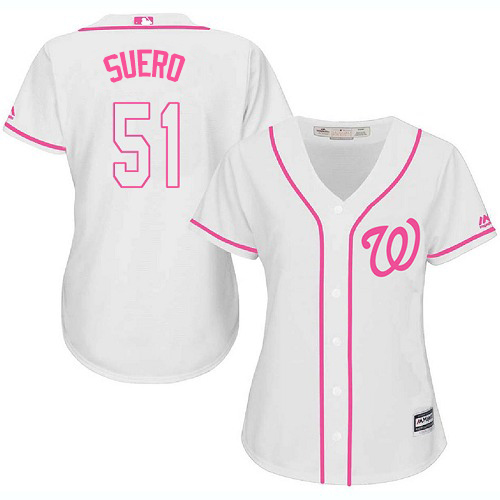 Nationals #51 Wander Suero White/Pink Fashion Women's Stitched MLB Jersey