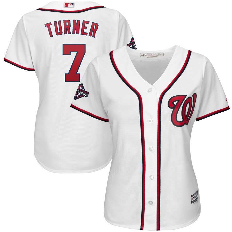 Washington Nationals #7 Trea Turner Majestic Women's 2019 World Series Champions Home Cool Base Patch Player Jersey White