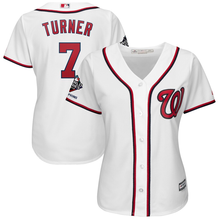 Washington Nationals #7 Trea Turner Majestic Women's 2019 World Series Champions Home Official Cool Base Bar Patch Player Jersey White