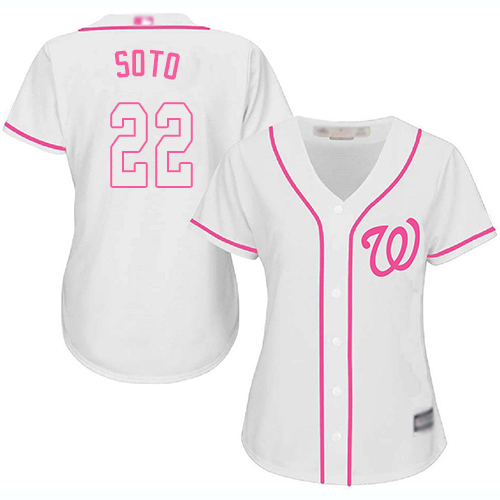 Nationals #22 Juan Soto White/Pink Fashion Women's Stitched MLB Jersey
