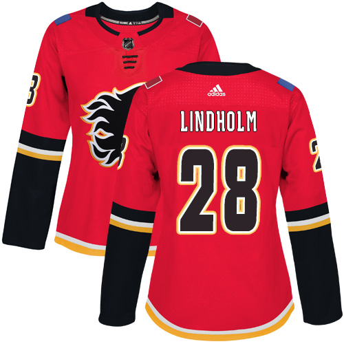 Adidas Flames #28 Elias Lindholm Red Home Authentic Women's Stitched NHL Jersey