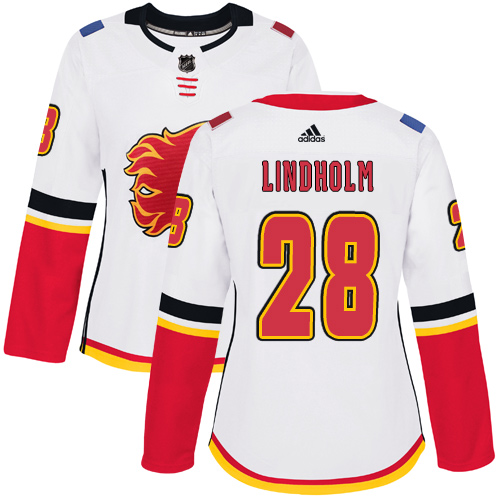 Adidas Flames #28 Elias Lindholm White Road Authentic Women's Stitched NHL Jersey