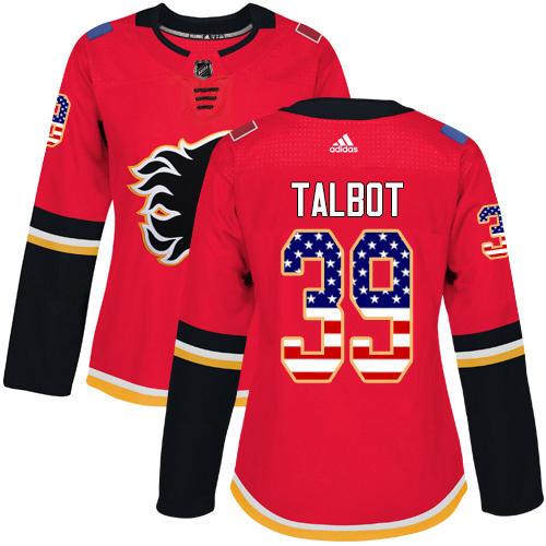 Adidas Flames #39 Cam Talbot Red Home Authentic USA Flag Women's Stitched NHL Jersey