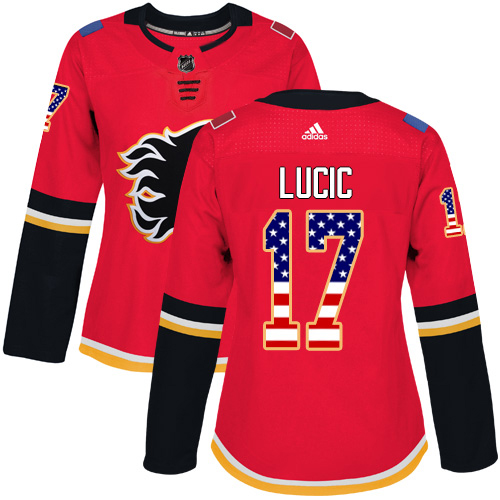 Adidas Flames #17 Milan Lucic Red Home Authentic USA Flag Women's Stitched NHL Jersey