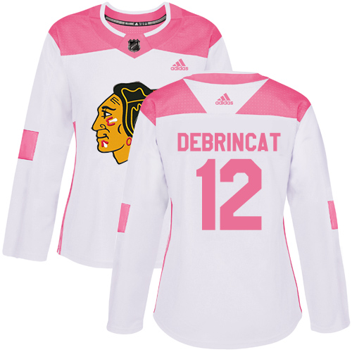 Adidas Blackhawks #12 Alex DeBrincat White/Pink Authentic Fashion Women's Stitched NHL Jersey