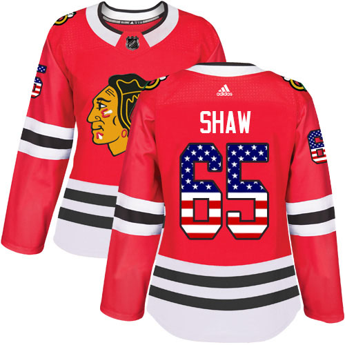 Adidas Blackhawks #65 Andrew Shaw Red Home Authentic USA Flag Women's Stitched NHL Jersey