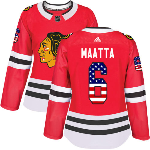 Adidas Blackhawks #6 Olli Maatta Red Home Authentic USA Flag Women's Stitched NHL Jersey