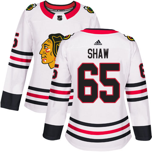 Adidas Blackhawks #65 Andrew Shaw White Road Authentic Women's Stitched NHL Jersey