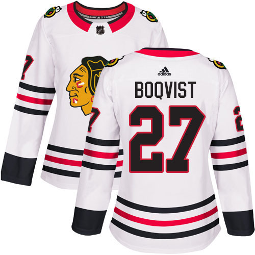 Adidas Blackhawks #27 Adam Boqvist White Road Authentic Women's Stitched NHL Jersey